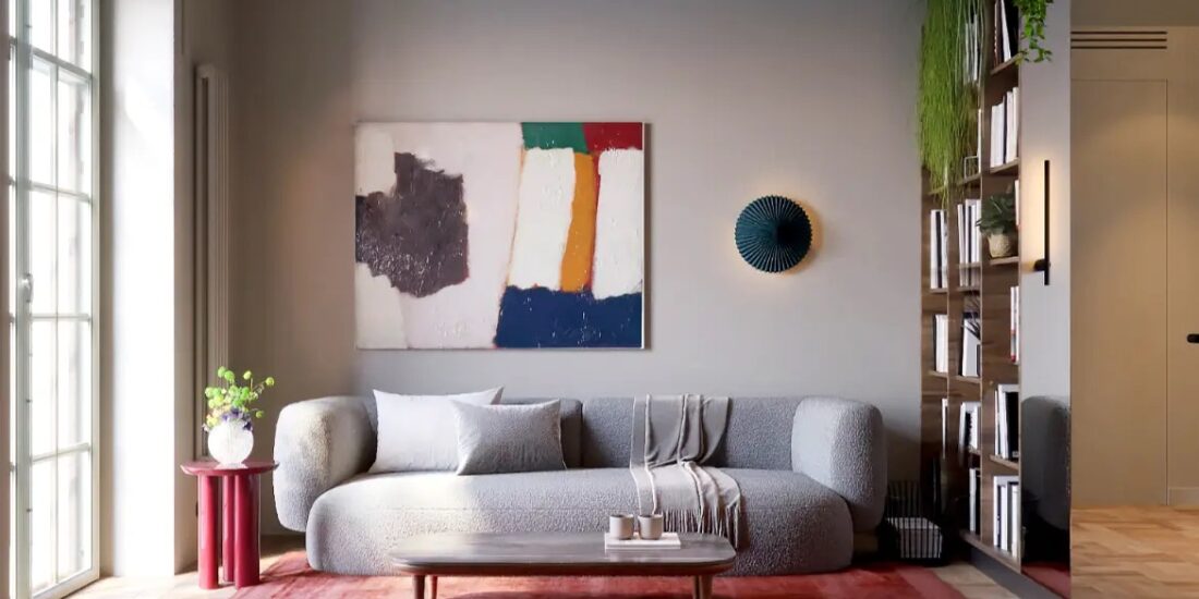 Spacious living room with designer interiors in 2-room apartment for sale in Kyiv, Darvina St 1, Pechersk