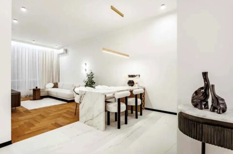 Open-plan living room with kitchen and modern interior design in apartment for sale in Kyiv, Bulvarno-Kudriavska Street 17A, Shevchenkivskyi District, new modern building