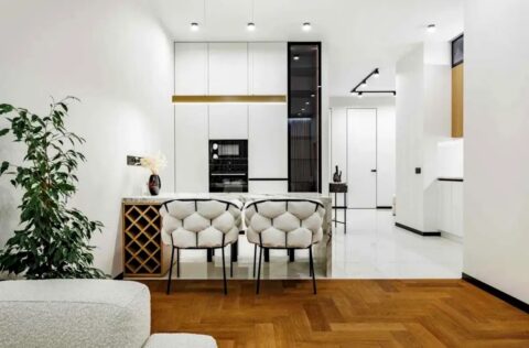 Open-plan living room with kitchen and modern interior design in apartment for sale in Kyiv, Bulvarno-Kudriavska Street 17A, Shevchenkivskyi District, new modern building
