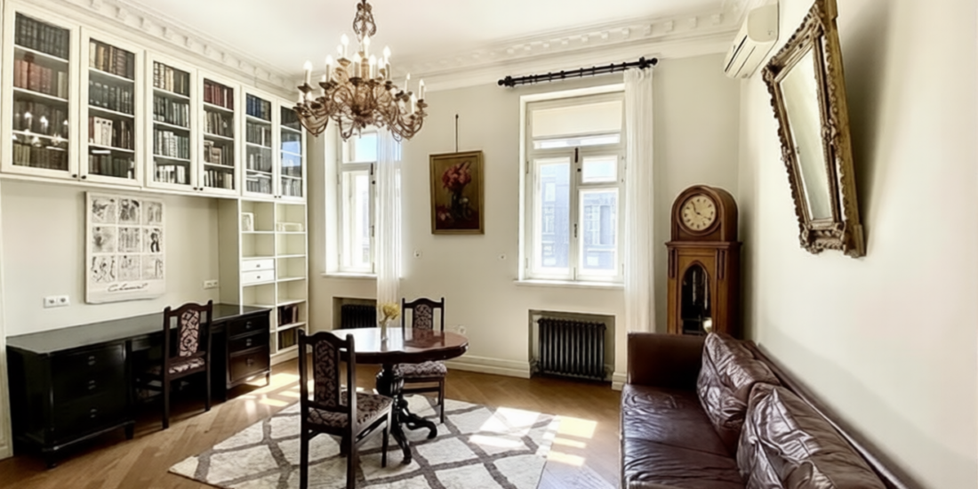 Open-plan living room with kitchen in apartment for sale in Kyiv, Bohdana Khmelnytskoho St, 50, Shevchenkivskyi district, pre-revolutionary building