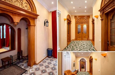 Stylish corridor with wooden staircase in apartment for sale in Kyiv, Bohdana Khmelnytskoho St 32, Shevchenkivskyi District