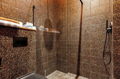 Luxury bathroom with marble mosaic and Devon Devon sanitary ware apartment for sale in Kyiv Striletska St 7/6