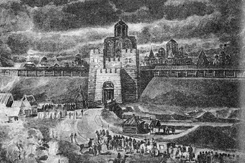 A historical reconstruction drawing of the 11th-century "City of Yaroslav" in Kyiv. In the foreground, the massive Golden Gate with its wooden ramparts is under siege or active use. In the background, rising above the city walls on the highest point of the plateau, is the multi-domed Saint Sophia Cathedral and the surrounding monastic buildings.