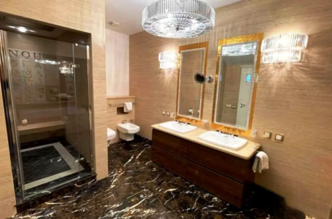 luxury master bathroom with bathtub and rain shower in apartment for sale in Kyiv, Volodymyrska St 20/1-A Shevchenkivskyi district;