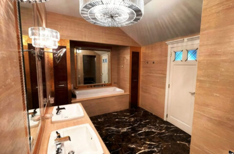 luxury master bathroom with bathtub and rain shower in apartment for sale in Kyiv, Volodymyrska St 20/1-A Shevchenkivskyi district;
