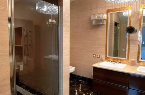 luxury master bathroom with bathtub and rain shower in apartment for sale in Kyiv, Volodymyrska St 20/1-A Shevchenkivskyi district;