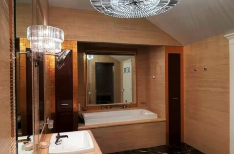 luxury master bathroom with bathtub and rain shower in apartment for sale in Kyiv, Volodymyrska St 20/1-A Shevchenkivskyi district;