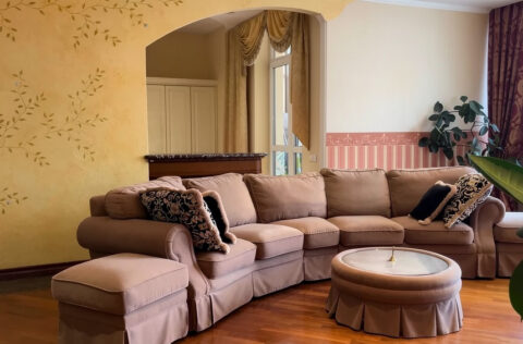 Elegant living room with fireplace in apartment for sale in Kyiv, Liuteranska St 10a, Pecherskyi district, premium residence