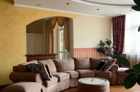 Elegant living room with fireplace in apartment for sale in Kyiv, Liuteranska St 10a, Pecherskyi district, premium residence