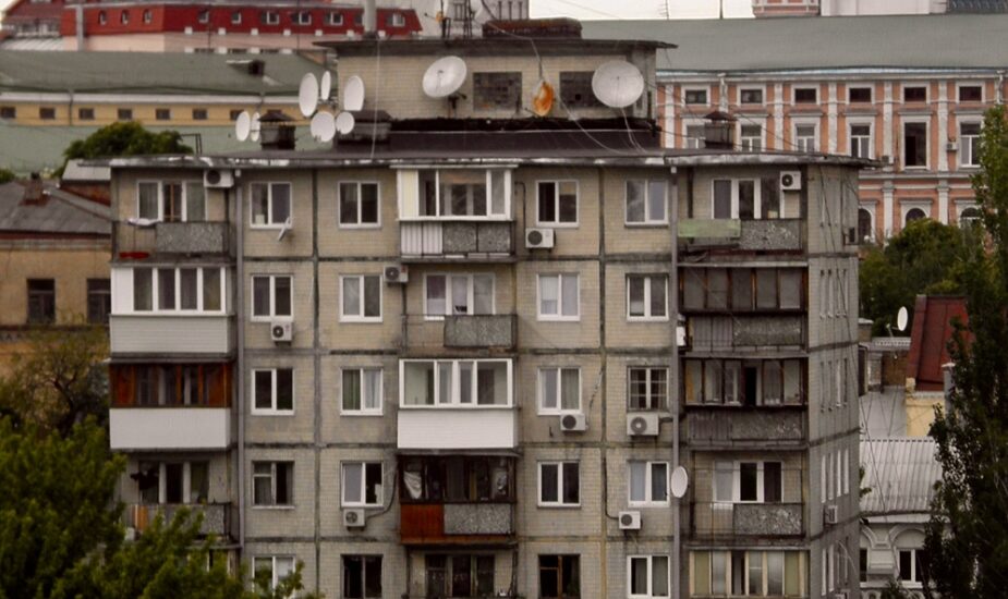 building facade apartment for sale in Kyiv Mykhailivskyi Lane 7 brick residential building 1966 historic centre Kyiv