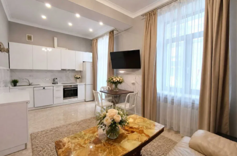 Open-plan kitchen-living room in an apartment on Malopidvalna Street 21, Kyiv